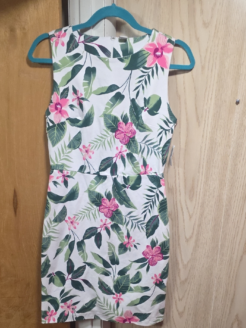 Old Navy White Sleeveless Sheath Dress with Pink Floral & Green Leaf Print